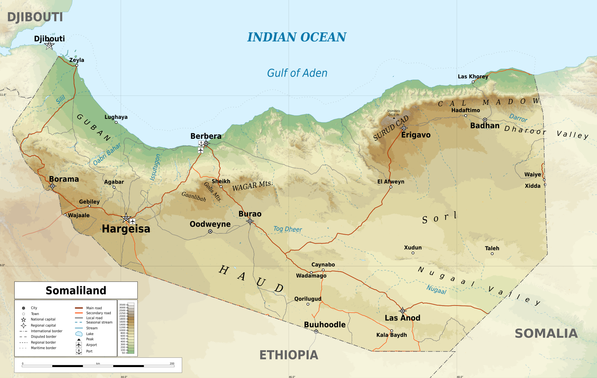 Physical map of Somaliland showing Berbera, Hargeisa, the Gulf of Aden, and the corridor to Ethiopia