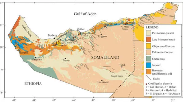 Geological map of Somaliland showing rock formations and coal/lignite deposits